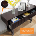 Knocbel Fluted Console Table with 3 Storage Drawers, Farmhouse Mid Century Sofa Table with Solid Wood Legs for Entryway Living Room, 52" W x 15" D x 30" H, Espresso