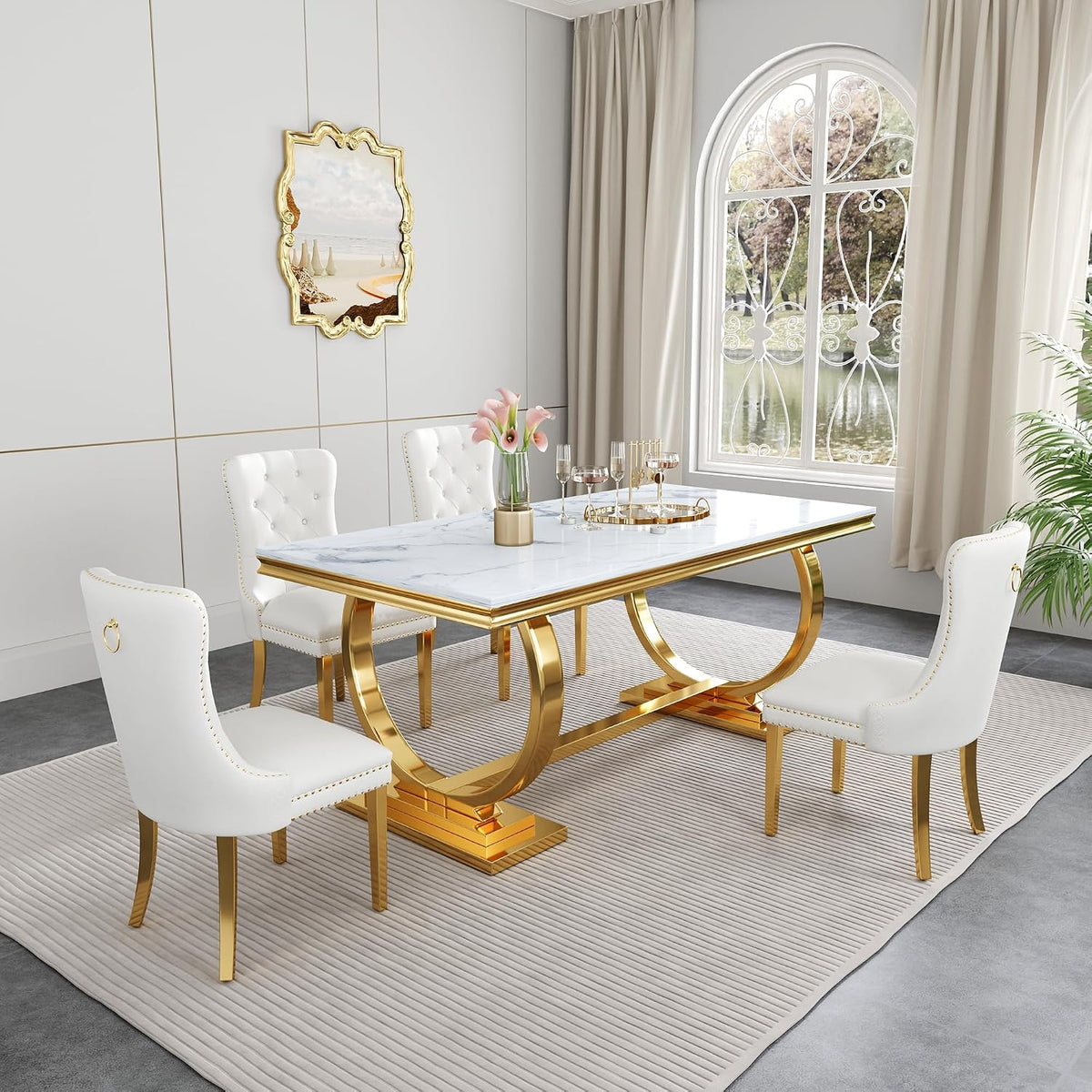 White Velvet Dining Chairs Set of 2, Mid Century Modern Kitchen & Dining Room Chairs, Fabric Tufted Dinning Chairs, Velvet Upholstered, Wing Back, Pull Ring, Stainless Steel Legs, Gold