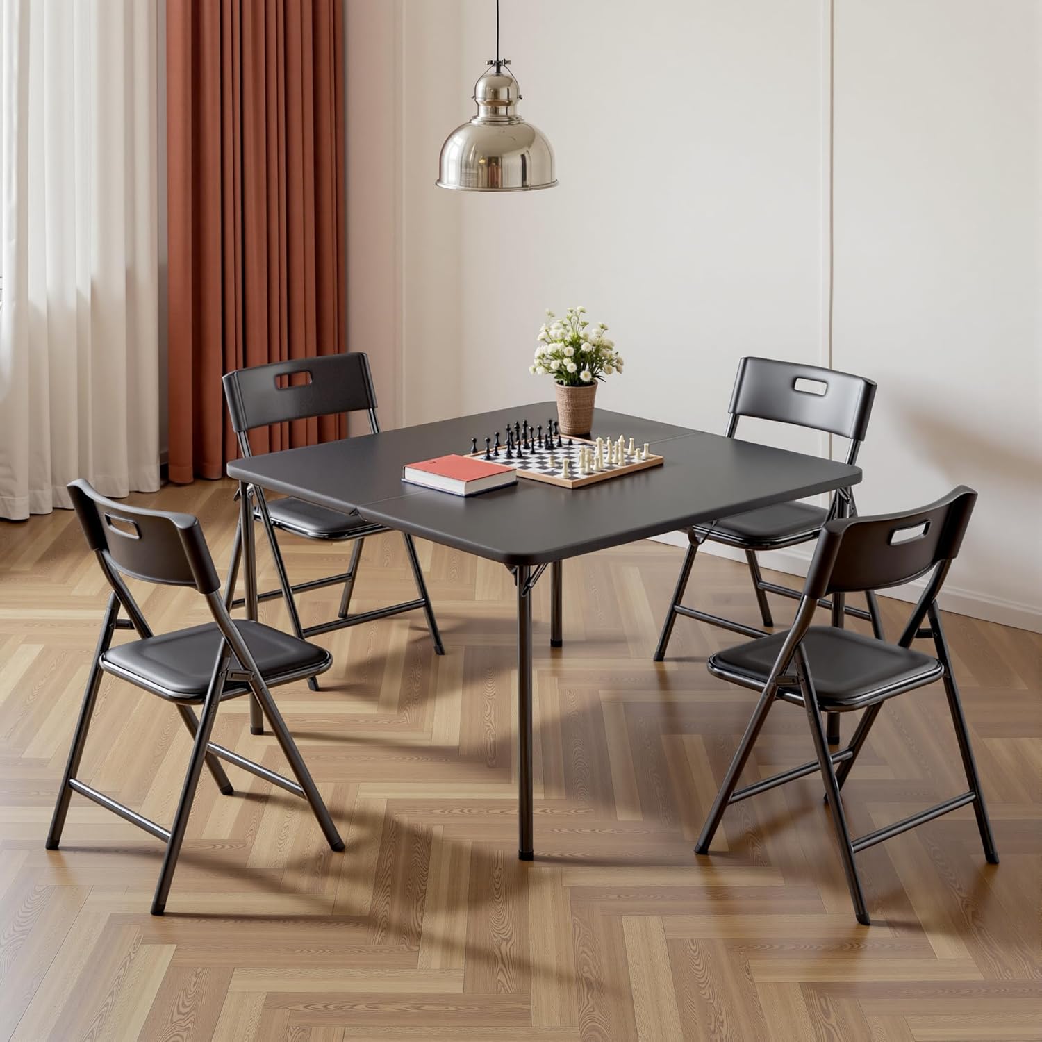 5-Piece Folding Card Table and Chairs Set, 34" Square Table with 330lbs Stackable Chairs, Portable Folding Table with Carrying Handle for Picnic, Camping, Party, Patio