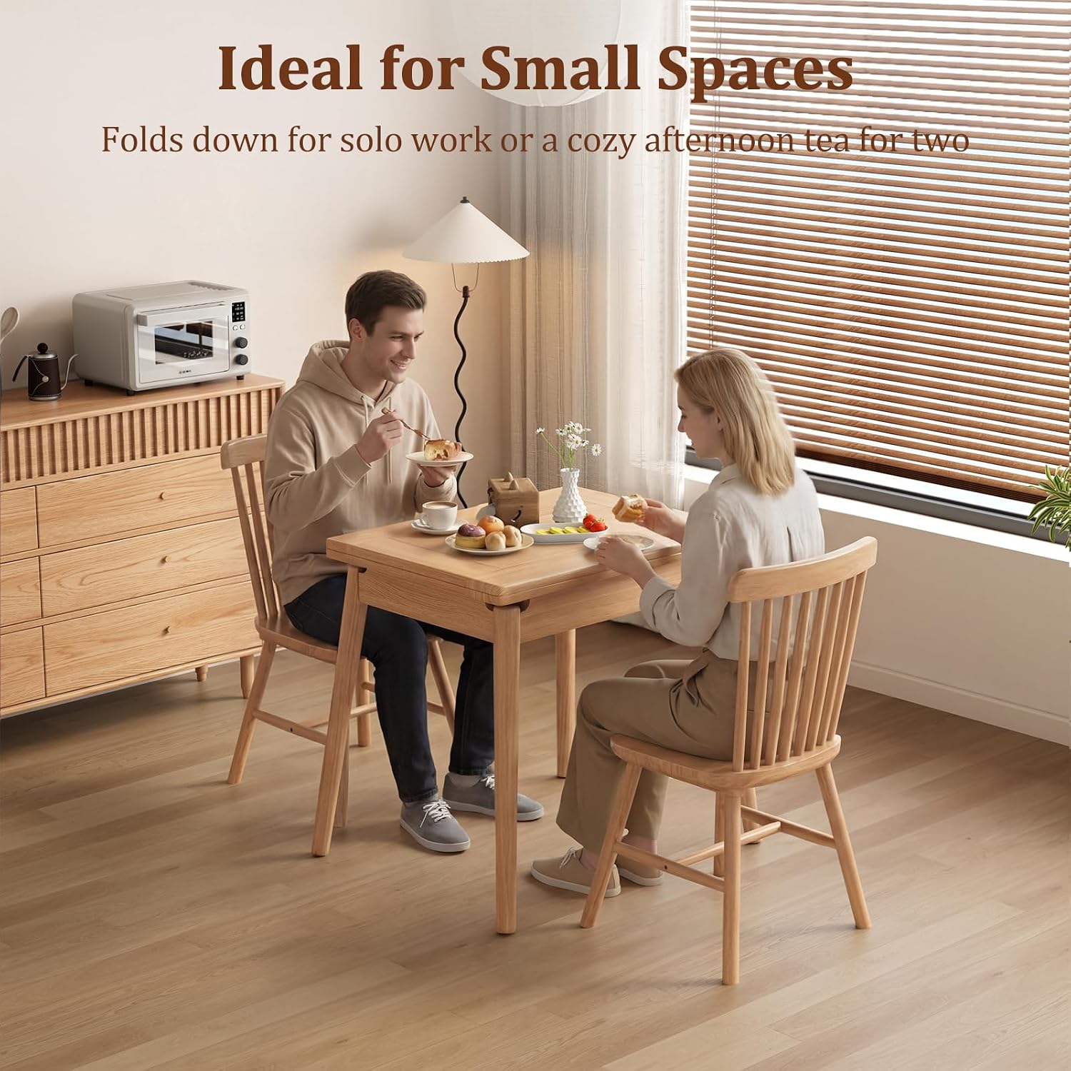 Solid Wood Small Dining Table, 23.6"L-47.2"L Expandable Kitchen Table for 2-6, Designed for Small Spaces, Easy Assembly, Suitable for Kitchen, Dining Room, Living Room, Apartment (Natural)