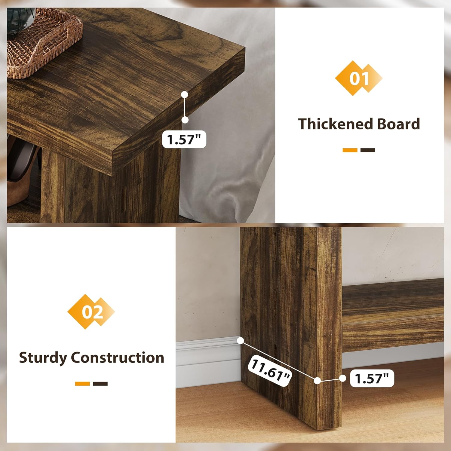 2 Tier Entryway Bench, 47.24" Shoe Bench, Rustic Shoe Rack, Wooden Storage Bench for Entryway Hallway Living Room Bedroom, Easy Assembly, Rustic Brown