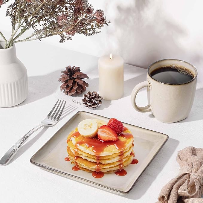 Herogo Stoneware Plates and Bowls Sets for 4, 12 Pieces Modern Square Dinnerware, Reactive Glaze Dishes Set for Kitchen, Chip Resistant, Microwave & Dishwasher Safe, Cream Khaki