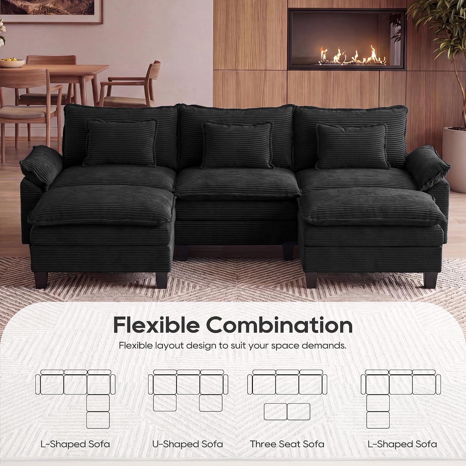 URRED Oversized Modular Sectional Sofa，Solid Black：122" U Shaped | Modern Comfy Cloud Couch with Movable Ottoman and Pillow, Deep Seat Couches for Living Room, Bedroom or Apartment