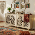 Boho Sideboard Buffet Cabinet, Decorative Storage Cabinet with Doors and Shelves, Wood Entryway Cabinet with Hollow Carving Design for Living Room, Kitchen,Hallway, Natural Wood