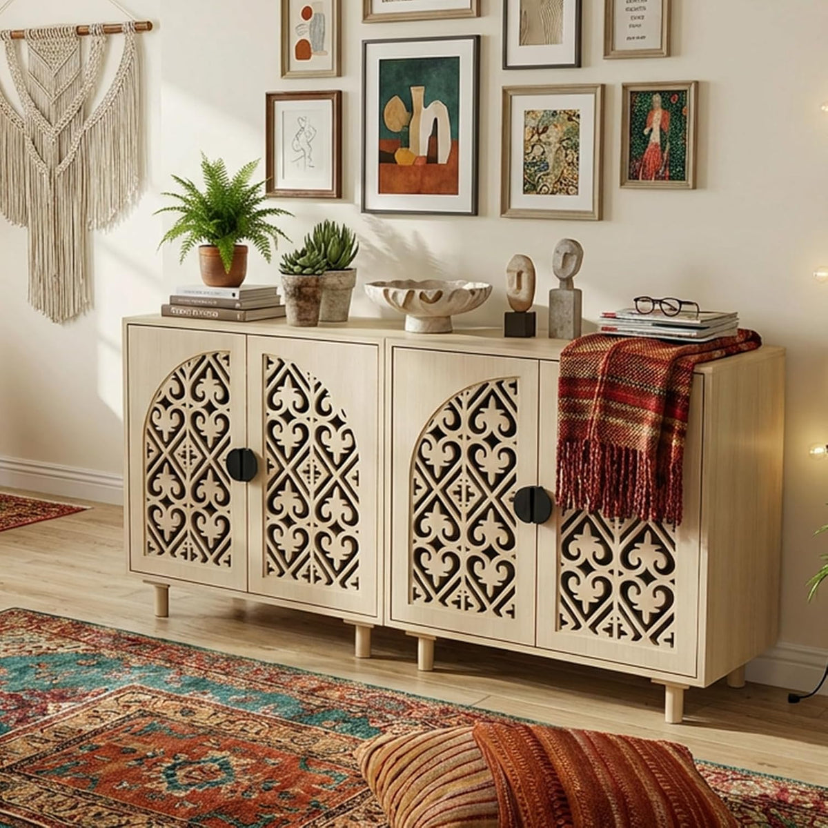 Boho Sideboard Buffet Cabinet, Decorative Storage Cabinet with Doors and Shelves, Wood Entryway Cabinet with Hollow Carving Design for Living Room, Kitchen,Hallway, Natural Wood