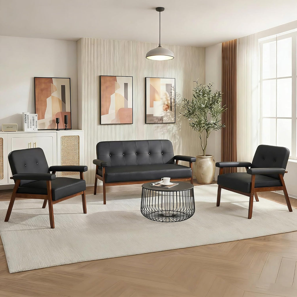 50”W Black Leather Small Office Couch, Loveseat Sofa with Wooden Arms