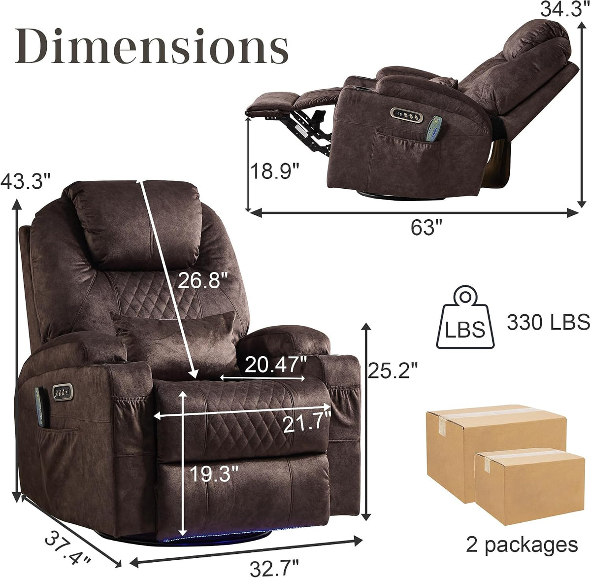 AHMED Dual Motor Power Swivel Rocker Recliner Chair, Velvet Brown | Electric Glider Rocking Chair, Massage & Heat, Cup Holders, LED Lights, USB A/USB C Ports