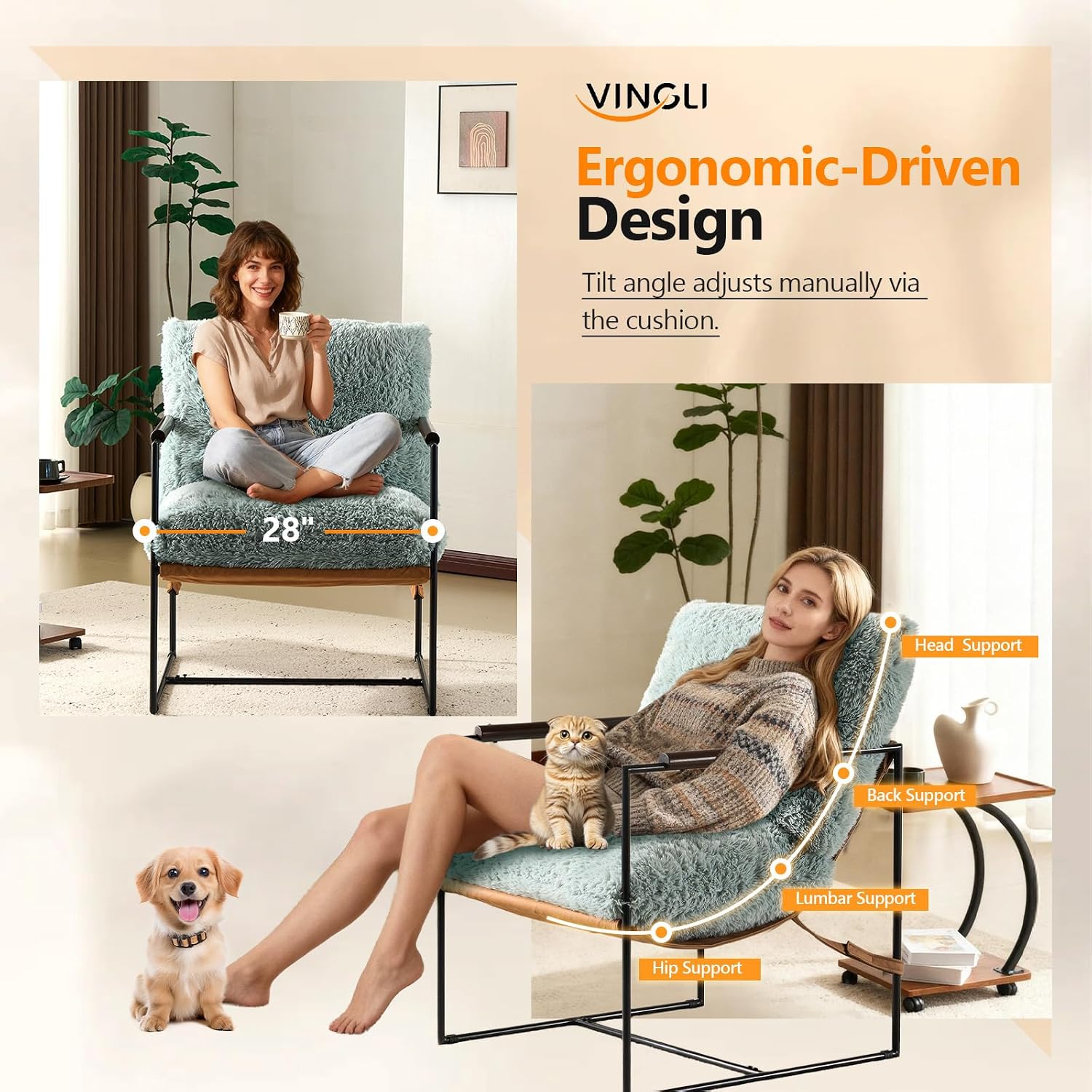 VINGLI 28" Wide Plush Upholstery Sling Modern Accent Chairs Set of 2,Reading Armchair with Removable Seat Cushion & Tan Microfiber Seat Base, Lazy Chair for Bedroom & Lounge,Pale Turquoise