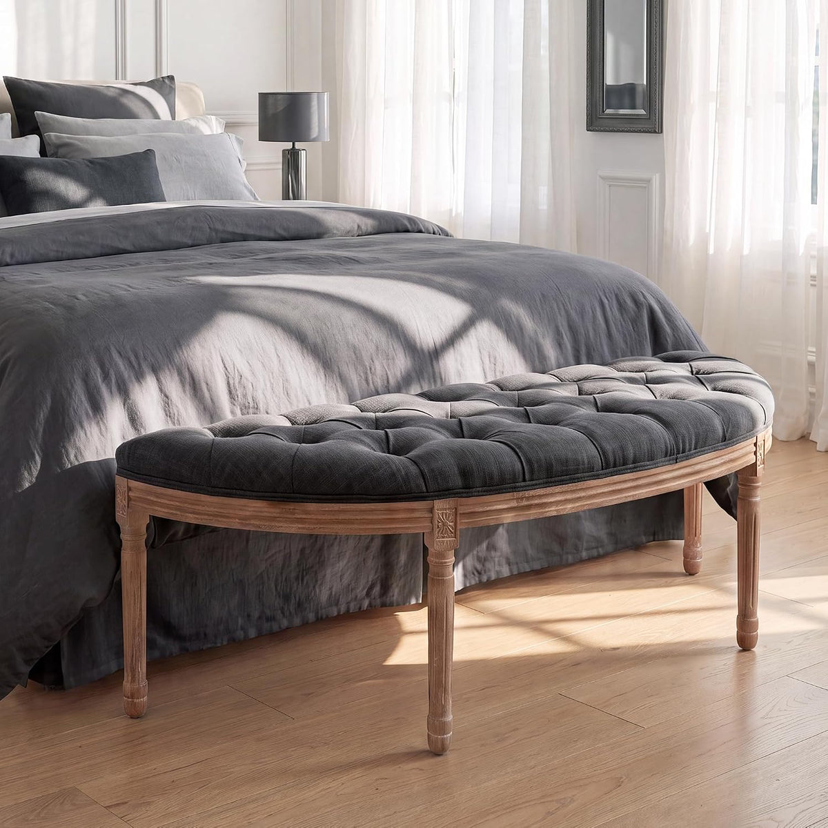 chairus 55" Button Tufted Semi-Circle Dining Bench Linen Halfmoon Entryway Bench Comfy Upholstered Bench Seat for Bay Window/Bedroom End of Bed/Living Room/Indoor, Charcoal Black