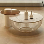 Round Nesting Coffee Table Set of 2, Modern Circular Tables with White Marble Rock Slab & Wood, End for Living Room, Bedroom, Space-Saving Side Tables(Textured White)