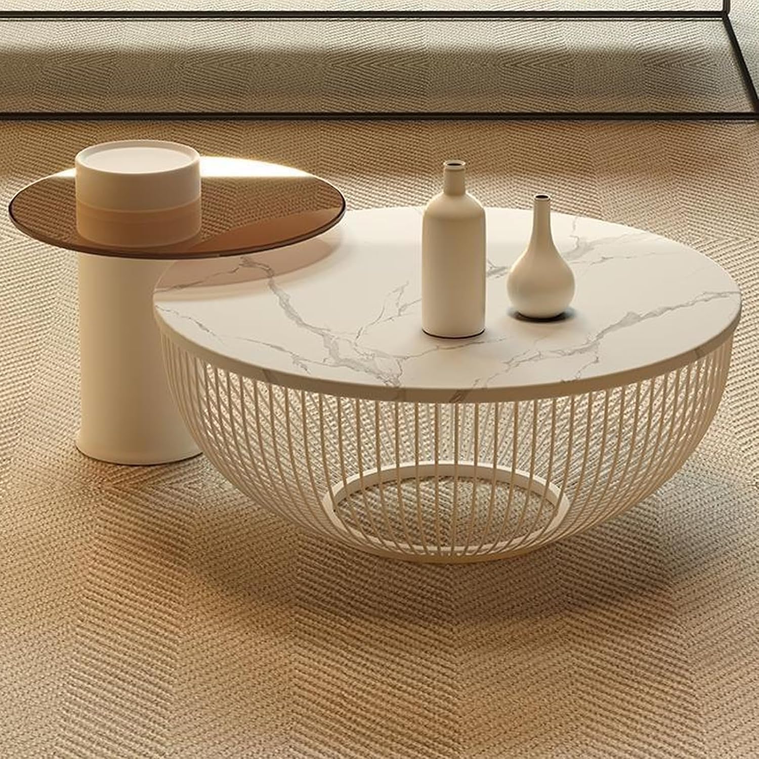 Round Nesting Coffee Table Set of 2, Modern Circular Tables with White Marble Rock Slab & Wood, End for Living Room, Bedroom, Space-Saving Side Tables(Textured White)
