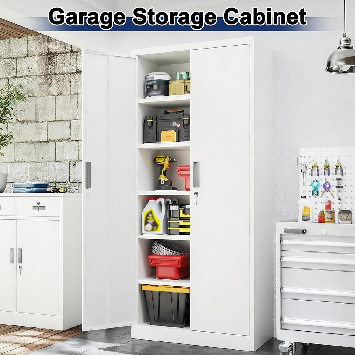 BESFUR Metal Storage Cabinet with 2 Doors and 5 Adjustable Shelves Garage Storage Cabinet with Lock 71" Office Storage Cabinets Locking Cabinets for Garage Office Shop Home (White)