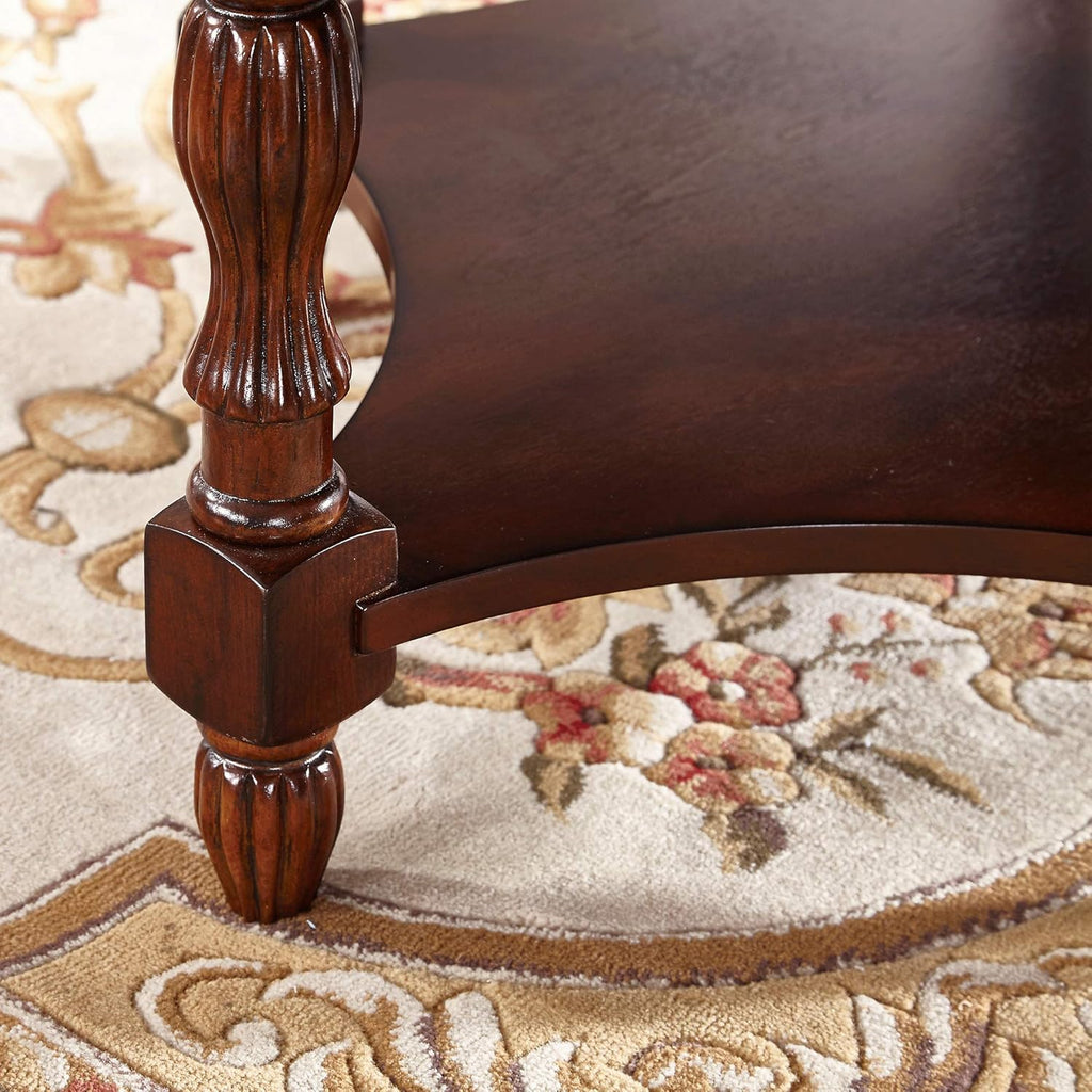 Vintage Solid Wood Oval End Table with Tempered Glass Top, 28"x24" Side Table with Carved Edge, Cherry Walnut Finish for Living Room
