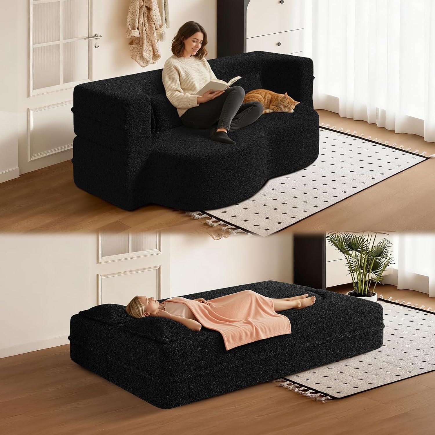 CAPCAEK Folding Sofa Bed,15" Full Size Couch for Living Room, Teddy Fabric Foam-Filled, Convertible Loveseat Sleeper Sofa Bed (Black-Teddy)