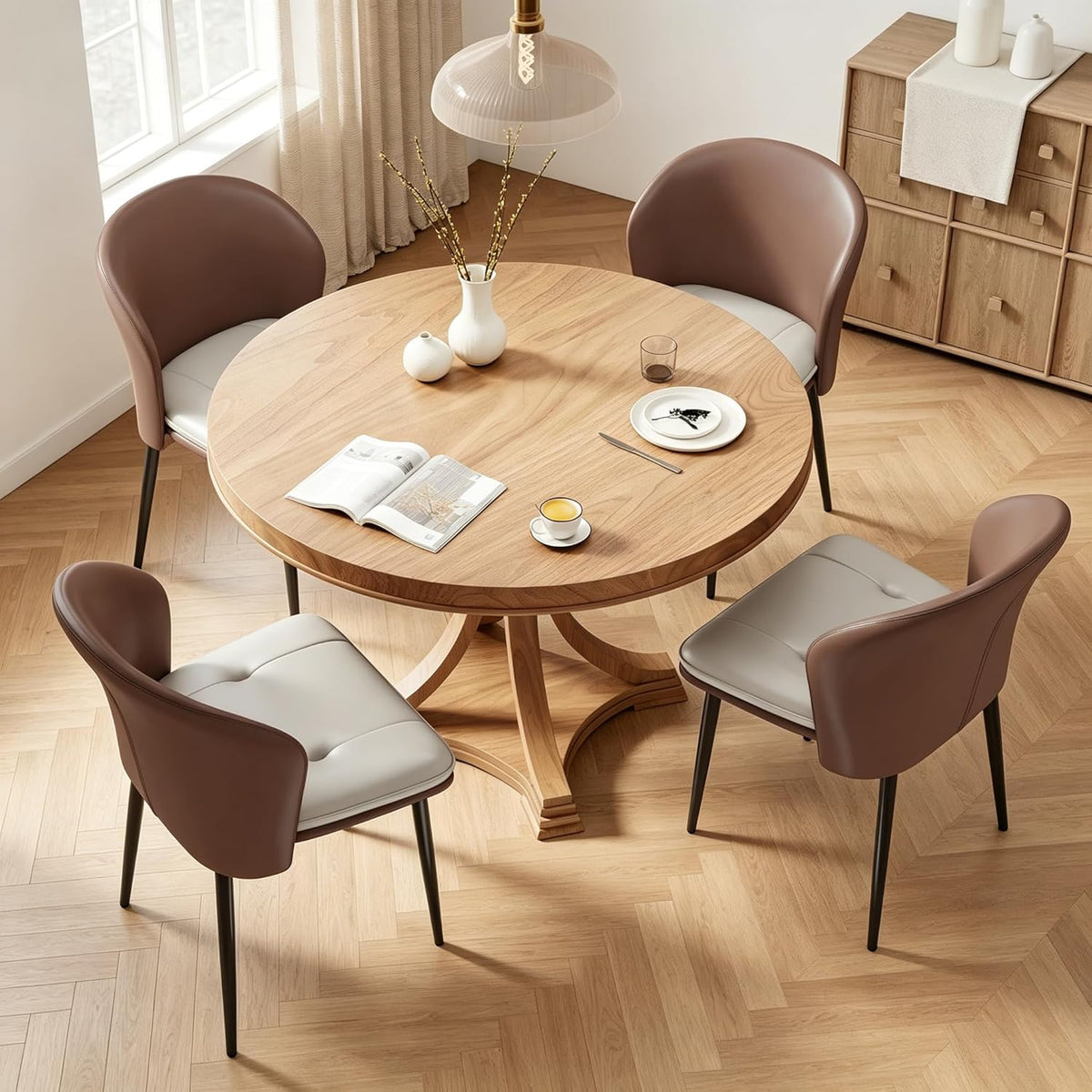 Modern Curved Back Dining Chairs Set of 4, Faux Leather Upholstered Accent Chair, Mid-Century Kitchen Side Chair with Soft Cushion for Dining Room, Living Room, Bedroom, Brown