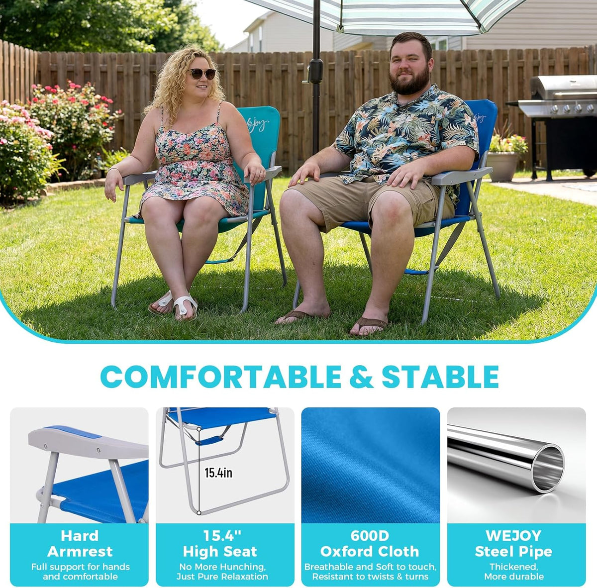 #WEJOY Folding Beach Chair for Adults, Lightweight Beach Chair with Shoulder Straps, High Back Camping Chairs with Hard Armrest, Supports 300lbs for Outdoor Lawn Concert