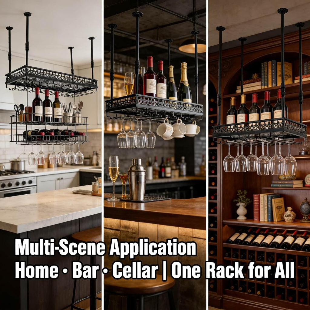 Hanging Wine Rack with Glass Holder and Shelf,Adjustable Metal Ceiling Mount Bar Wine Glass Rack,Industrial Wall Mounted for Bar Kitchen Cafe