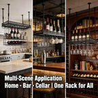 Hanging Wine Rack with Glass Holder and Shelf,Adjustable Metal Ceiling Mount Bar Wine Glass Rack,Industrial Wall Mounted for Bar Kitchen Cafe