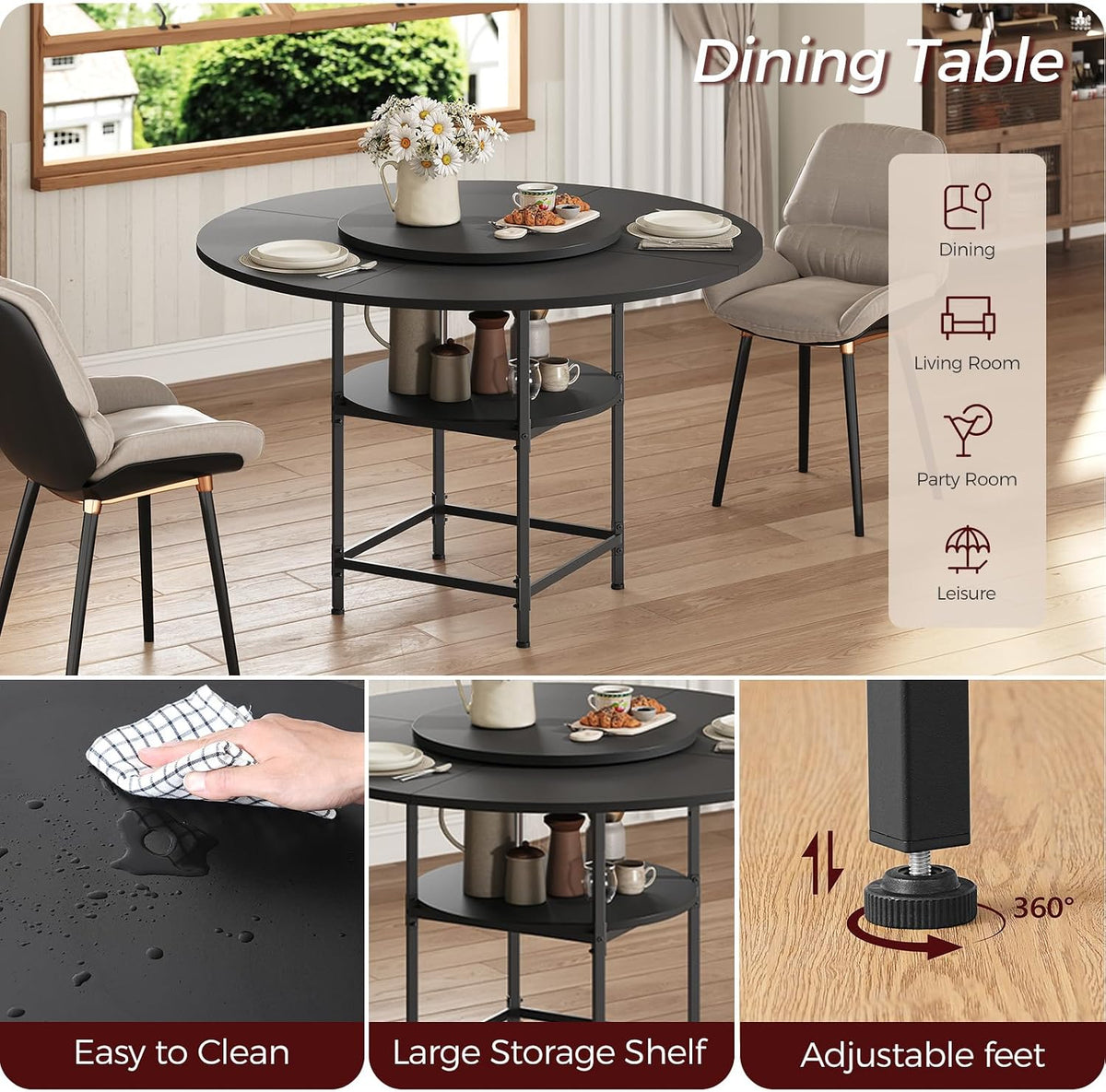 MAHANCRIS Round Dining Table for 4, Dinner Table with Storage Shelf, 47.2'' Dining Room Table, Circle Tables, Farmhouse Wood Kitchen Tables for Dining Room Living Room, Black DTBK12001