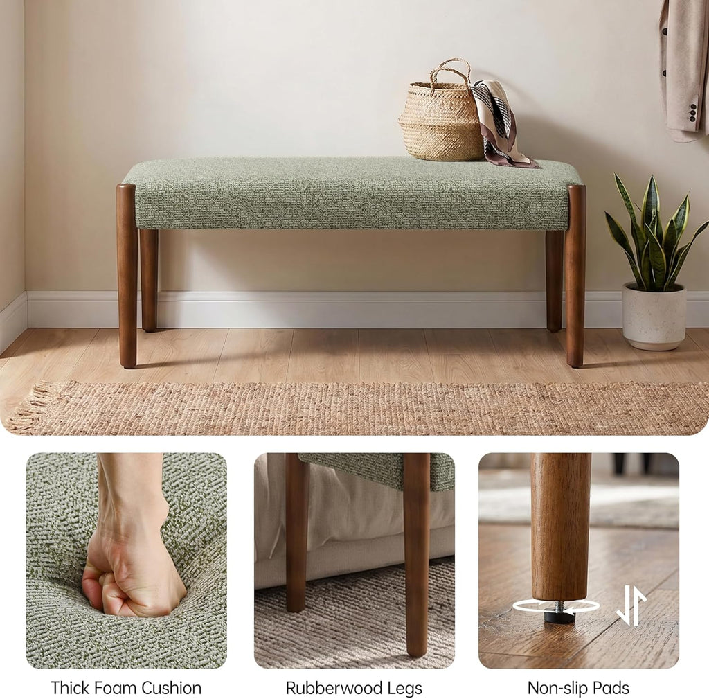 Usaint 42" End of Bed Bench, Modern Upholstered Bedroom Bench with Rubberwood Legs, Entryway Bench with Cushion, Dining Bench for Living Room, Bedroom, Green with Walnut Leg