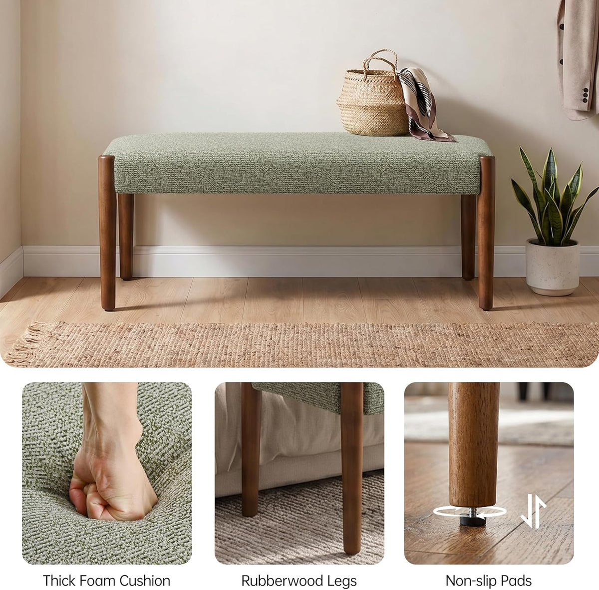 Usaint 42" End of Bed Bench, Modern Upholstered Bedroom Bench with Rubberwood Legs, Entryway Bench with Cushion, Dining Bench for Living Room, Bedroom, Green with Walnut Leg
