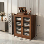 holzart Audio Stereo Cabinet with Glass Doors, 35.4" Tall Vintage AV Component Media Stand, Record Player Stand with Adjustable Shelves & Cable Management, Rustic Brown