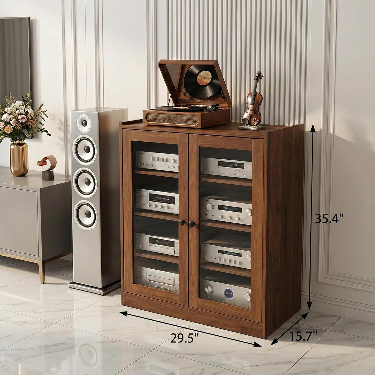 holzart Audio Stereo Cabinet with Glass Doors, 35.4" Tall Vintage AV Component Media Stand, Record Player Stand with Adjustable Shelves & Cable Management, Rustic Brown