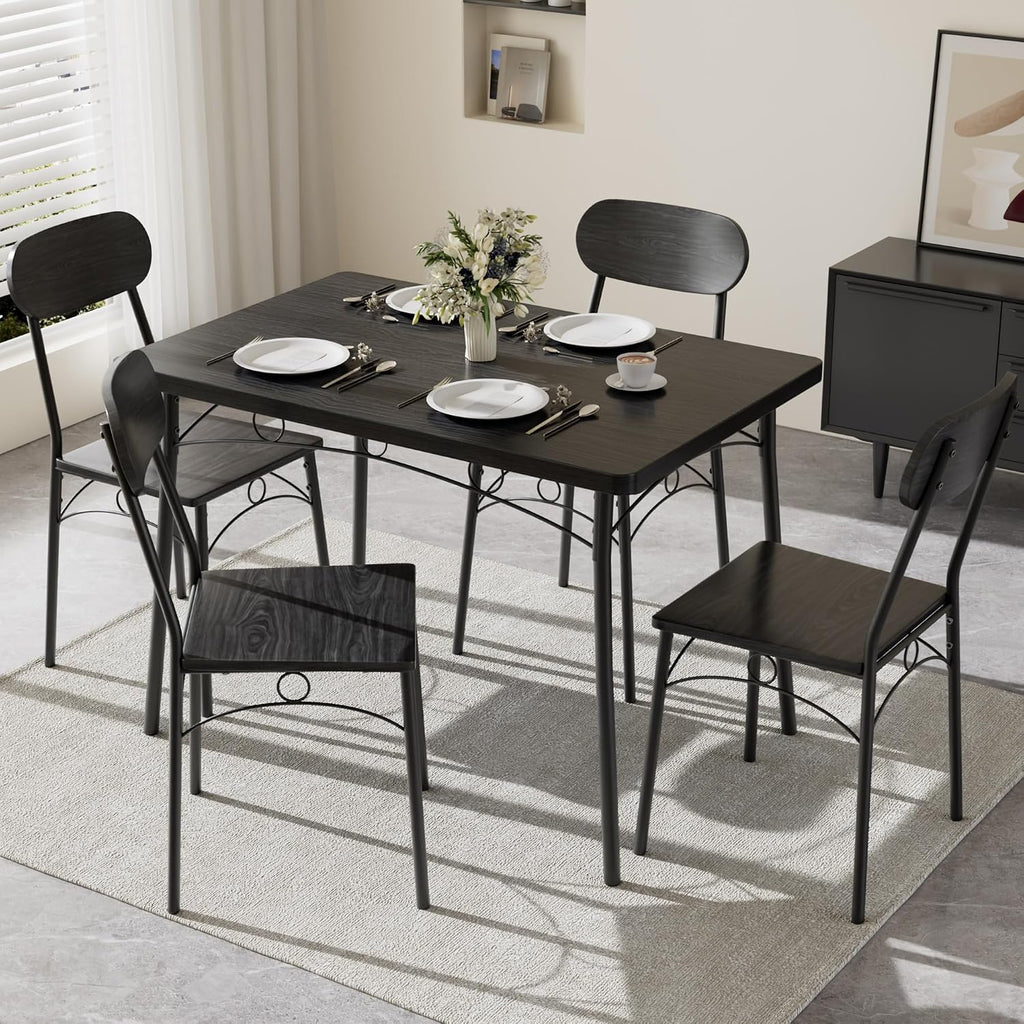 VECELO Dining Table Set for 4, 5-Piece Kitchen Table with 4 Chairs, MDF Board Tabletop with Metal Frame for Small Space, Compact Dinette, Breakfast Nook, Matte Black