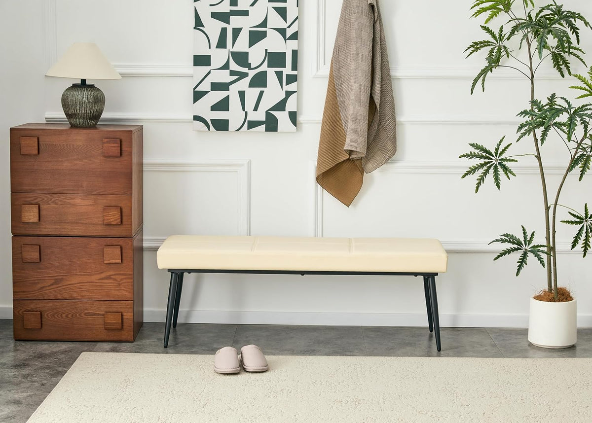 Modern Upholstered Dining Bench for 2-3, Leather Bench with High-Resilience Sponge Cushion, Reinforced Center Beam, Electroplated Arched Metal Legs, Entryway Bedroom Dining Room Bench, Beige