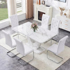Dining Table Set for 6, Kitchen Table Chairs Set of 6, Modern Dining Room Set 63'' Marble Dinner Table PU Leather Upholstered Chairs for Kitchen (White-cro)