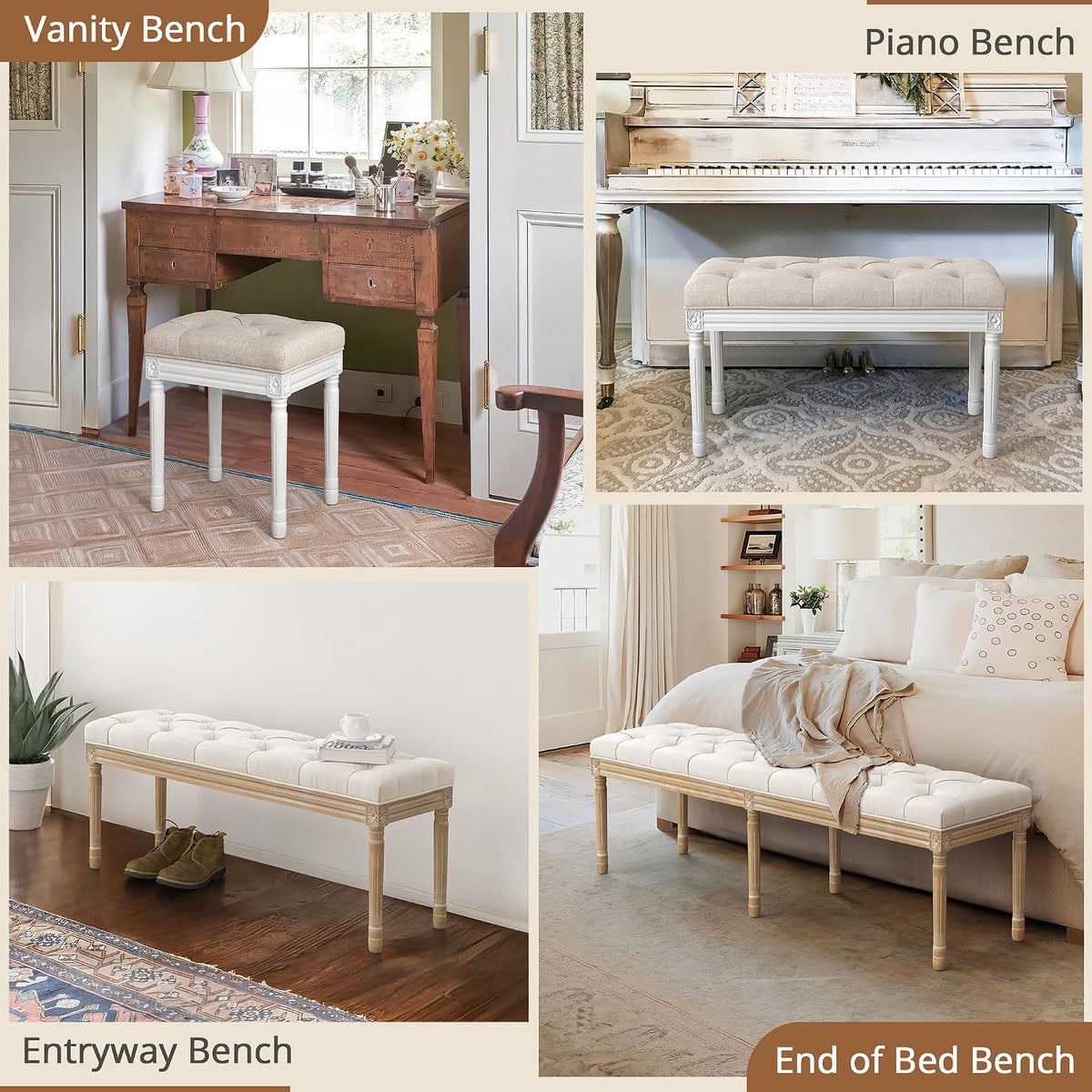 LUE BONA Upholstered Fabric Vanity Bench Seat, Makeup Stools for Vanity, Square Tufted Ottoman Bench with Carved White Legs for Bedroom Living Room, Linen Color