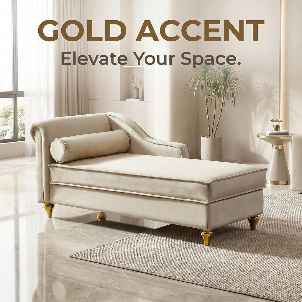 60.6''Velvet Chaise Lounge Indoor, Modern Velvet Lounge Chair with Left Armrest & Lumbar Pillow,Button Tufted Lounge Sofa with Storage for Bedroom, Living Room and Office，Beige