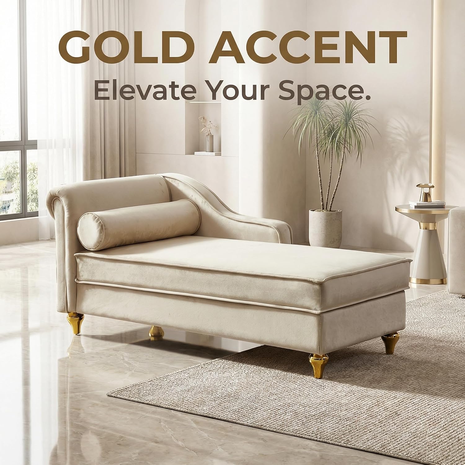 60.6''Velvet Chaise Lounge Indoor, Modern Velvet Lounge Chair with Left Armrest & Lumbar Pillow,Button Tufted Lounge Sofa with Storage for Bedroom, Living Room and Office，Beige