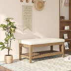 Apicizon 45" Shoe Rack Bench with Cushion, Solid Rubberwood Entryway Bench with Shoe Storage, Modern Chenille Upholstered Shoe Storage Bench for Hallway Bedroom Living Room Front Door Entrance, Beige