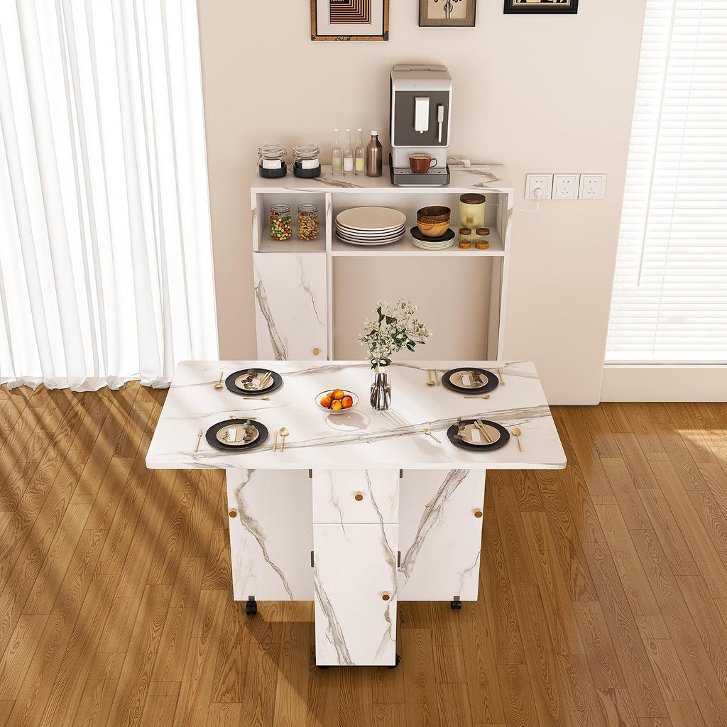 Multifunctional Folding Dining Table with Wall-Mounted Sideboard & Storage, 37.4" Folding Kitchen Island with Wheels, Modern Movable Kitchen Extendable Versatile Table for Small Space White
