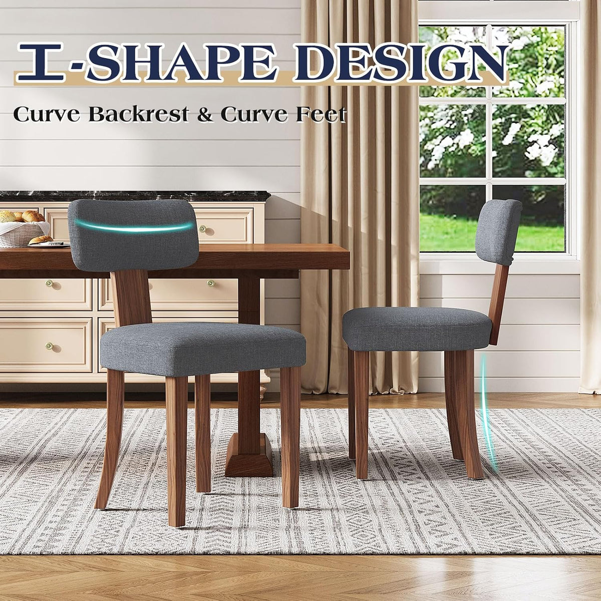 LUXOAK Mid Century Modern Dining Chairs Set of 2, Linen Upholstered Kitchen Chairs with Curved Backrest & Adjustable Legs for Living Room/Bedroom/Lounge, Easy to Install, Grey Linen