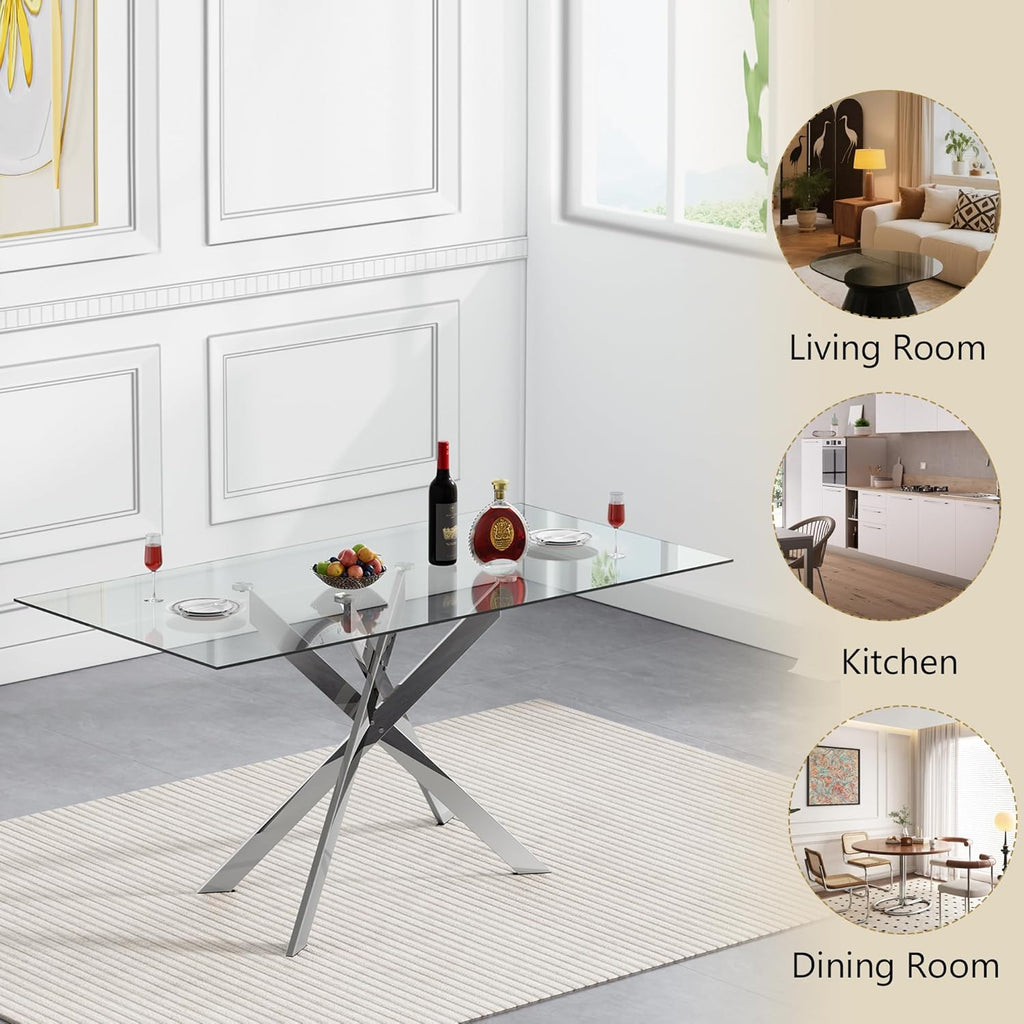 Rectangle Glass Dining Table Set for 4, 60'' Kitchen Table and Chairs Set, 5PCS Modern Dining Room Table Set with 4 Velvet Dining Chair for Home