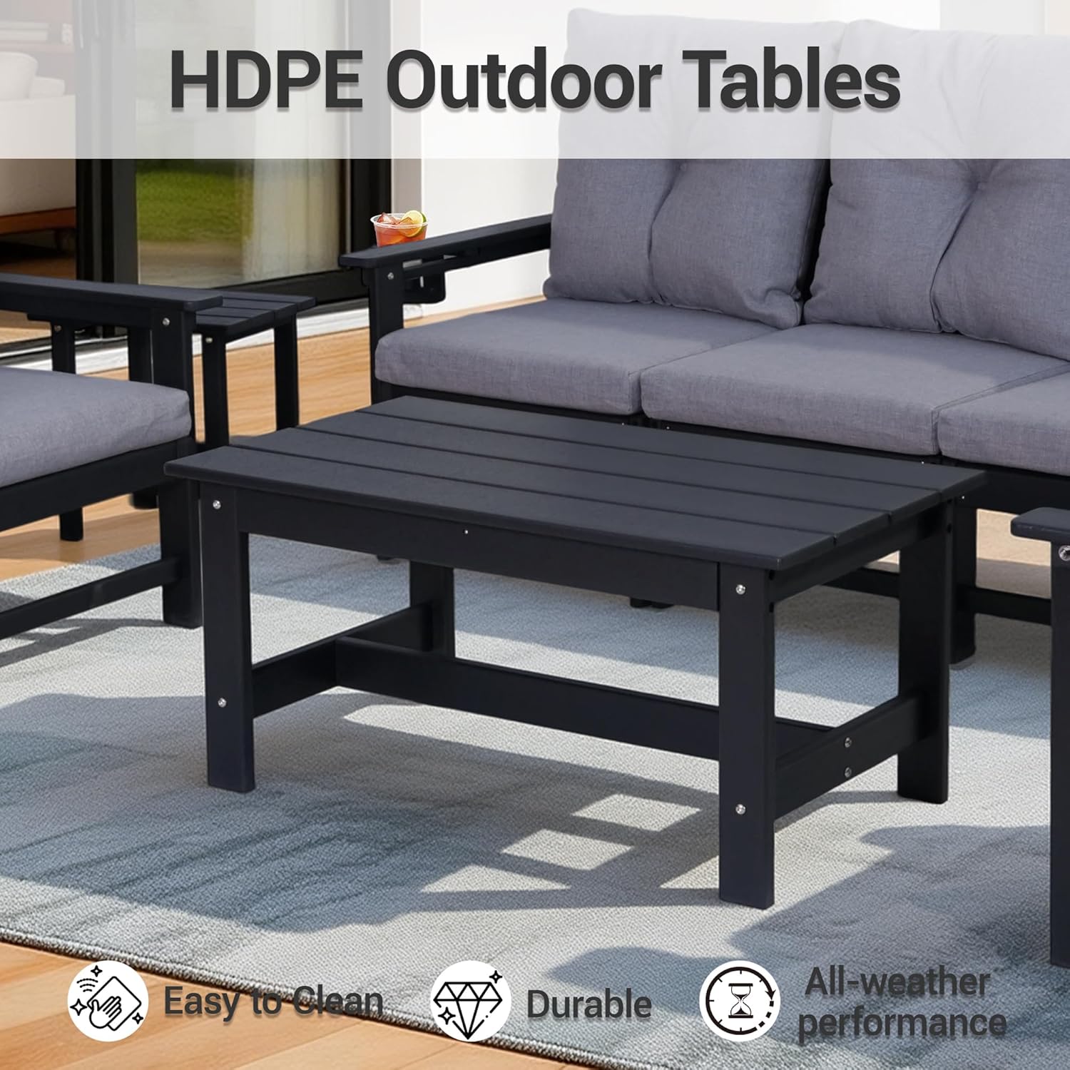 Set of 2 HDPE Adirondack Patio Armchairs, All Weather Outdoor Lounge Chairs w/ 3.5'' Thick Washable Cushions & Cup Holders, Rustproof 304 Stainless Steel Hardware for Garden Deck Poolside, Black