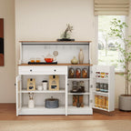 Kitchen Pantry Cabinet with Drawer Storage, 48” Modern Farmhosue Kitchen Hutch with Glass Doors, White Storage Cabinet with Countertop and Adjustable Shelves for Dining Room, Living Room