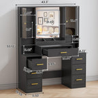BORNOON Vanity Desk with Mirror and Lights, Makeup Vanity with 7 Drawers, 2 Glass Door Cabinets, Charging Station, Adjustable Shelves, RGB Lighting, Holder