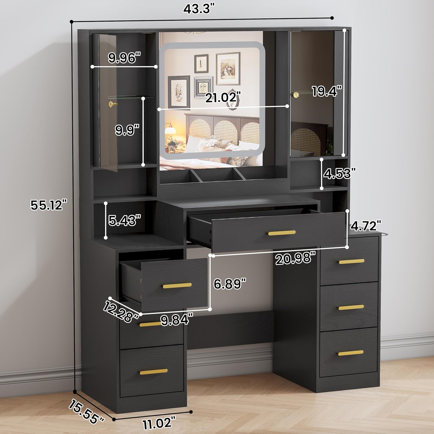 BORNOON Vanity Desk with Mirror and Lights, Makeup Vanity with 7 Drawers, 2 Glass Door Cabinets, Charging Station, Adjustable Shelves, RGB Lighting, Holder