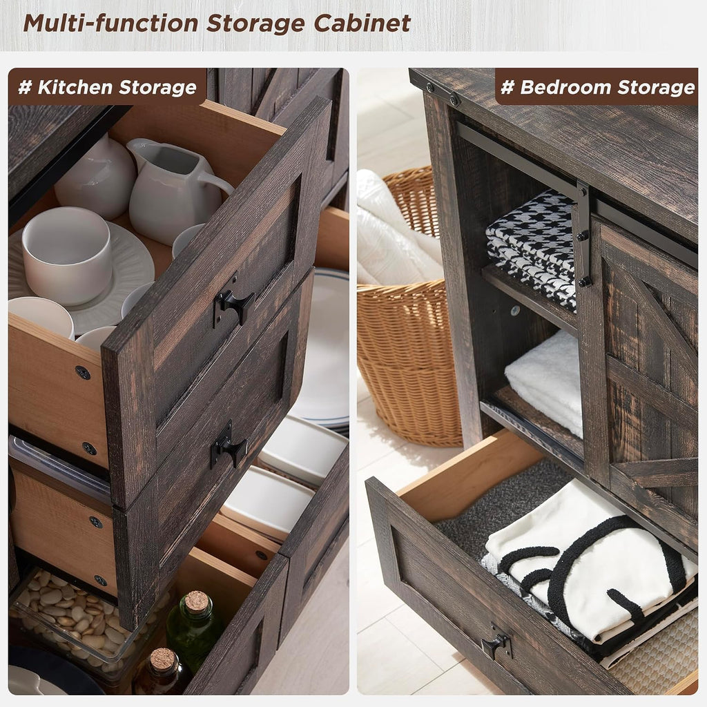 T4TREAM Farmhouse Sideboard Buffet Cabinet with Storage, 31.2'' Tall Kitchen Cabinet with 2 Sliding Barn Doors and 4 Drawers, Rustic Wood Coffee Bar Table for Dining Room, Dark Rustic Oak