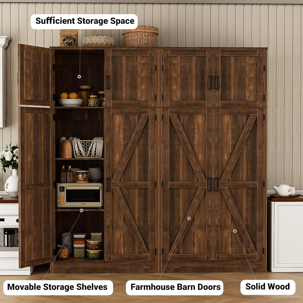 Unikito 71” Kitchen Pantry Storage Cabinet with Adjustable Shelves, 2 Pack | Large Farmhouse Storage Cupboard, Barn Doors, Sturdy and Deep, Versatile for Dinning Room, Living Room, Weathered Brown