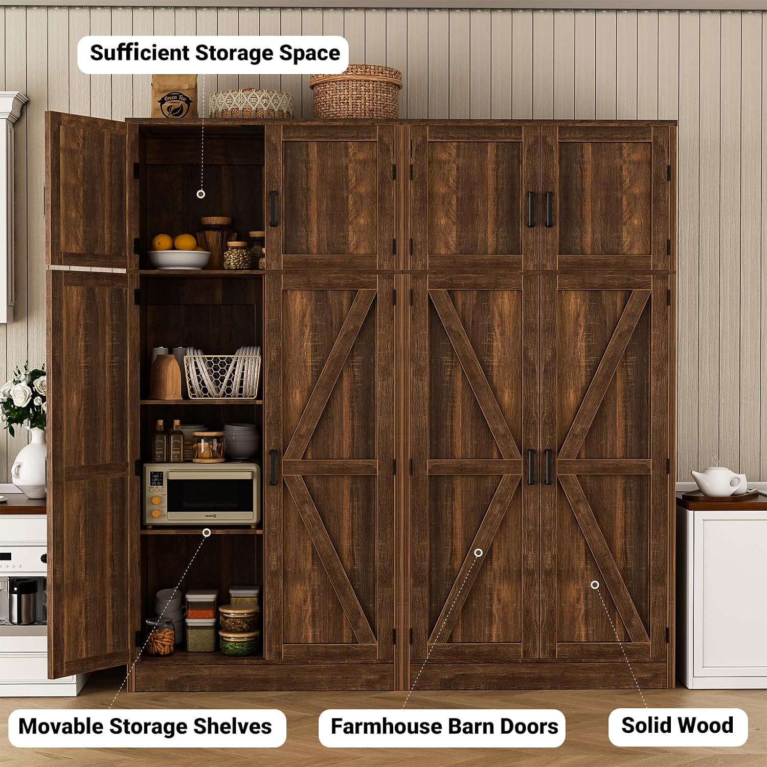 Unikito 71” Kitchen Pantry Storage Cabinet with Adjustable Shelves, 2 Pack | Large Farmhouse Storage Cupboard, Barn Doors, Sturdy and Deep, Versatile for Dinning Room, Living Room, Weathered Brown