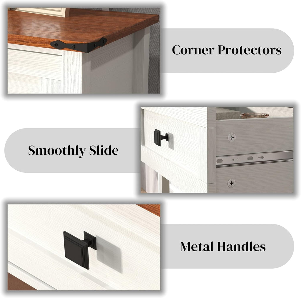 Knocbel Small Console Table with 2 Drawers with Metal Handles, Farmhouse Side Tables with Brown Woodgrain Top and Bottom Shelf for Entryway Living Room, 39.37" W x 11.61" D x 32.08" H, Antique White