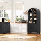Arched Cabinet with Glass Doors, 71" Tall Freestanding Pantry Cabinet with 2 Large Drawers and Adjustable Shelf, Farmhouse Wood Storage Cabinets, Versatile Cupboard for Kitchen, Dining Room, Black