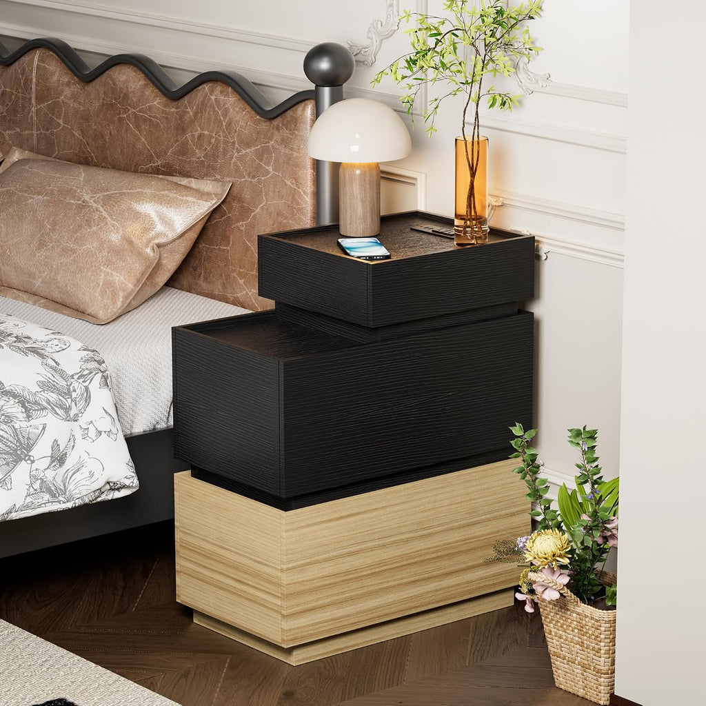 UEV End Table with Charging Station, Nightstand with Drawers and Storage, Narrow Side Table with USB Ports and Power Outlets for Living Room and Bedroom, Black and Brown