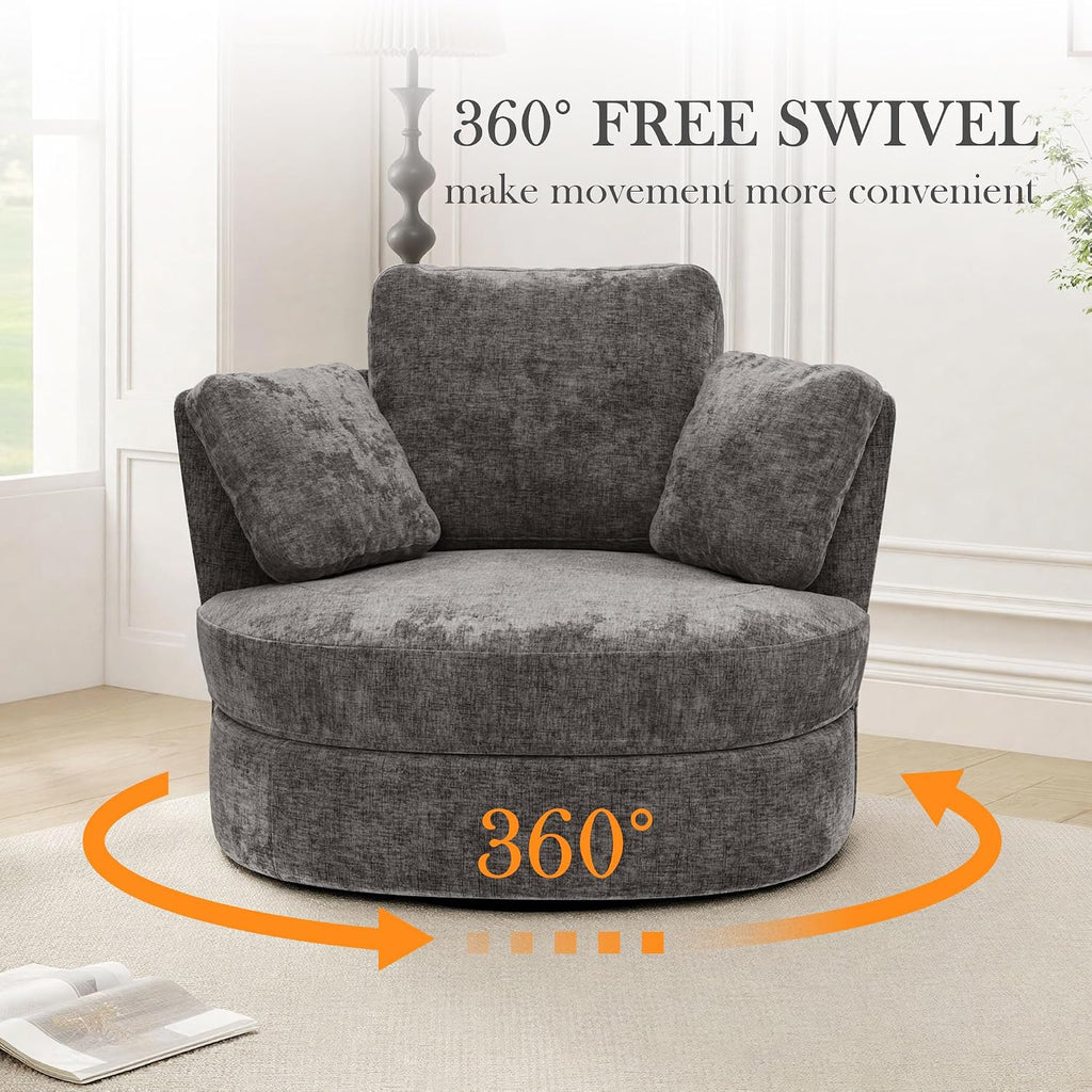 Aoiy & Wifon 40.55'' W Swivel Accent Chair, Round Arm Barrel Chair with 3 Pillows for Living Room/Bedroom/Apartment, Chenille, Gray