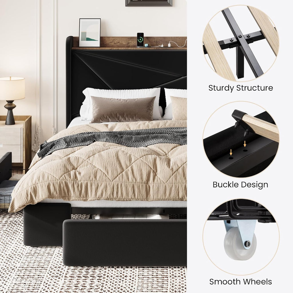 SHA CERLIN Queen Bed Frame, Storage Headboard with Drawers, Charging, Black