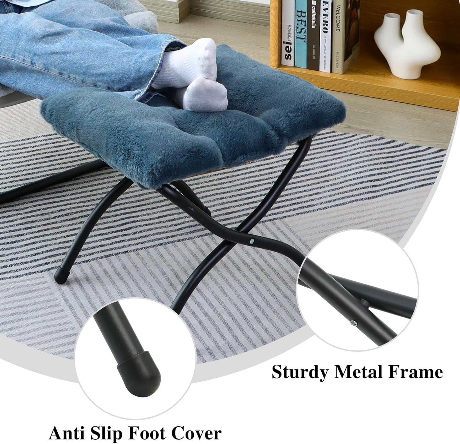 15"(H) Folding Ottoman, Foldable Footrest Stool, Portable Small Foot Stool for Couch, Collapsible Foot Rest Ottoman for Sofa, Accent Padded Ottomans for Living Room, Bedroom, Navy Blue